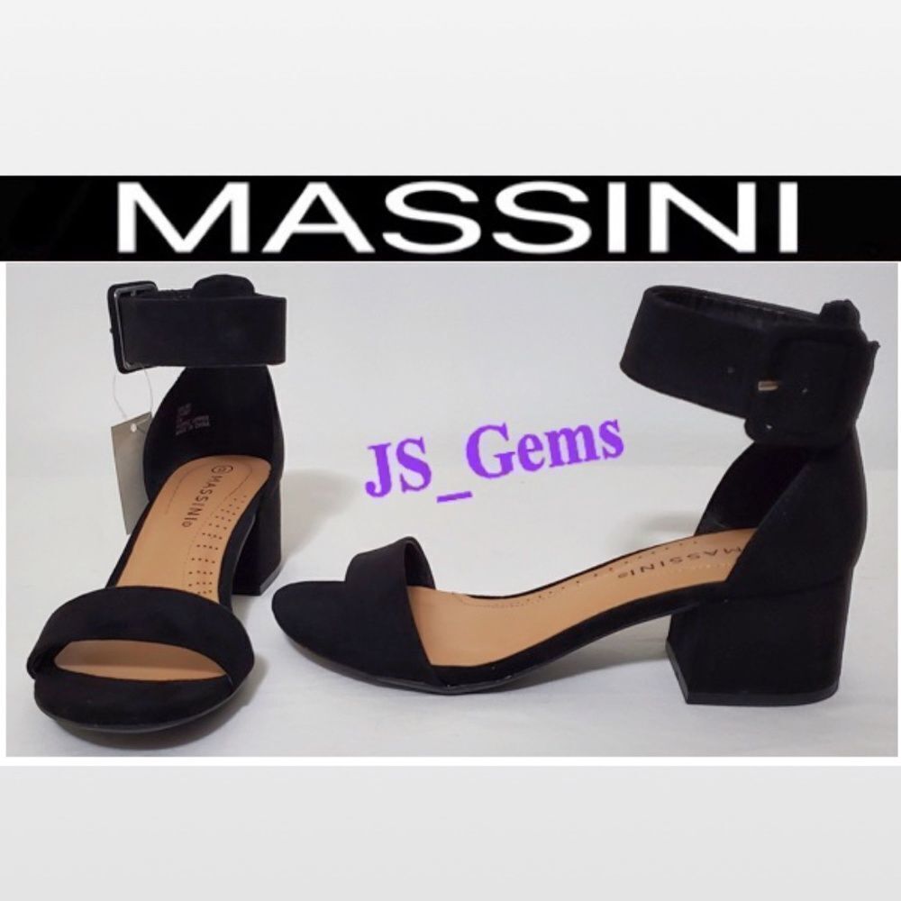 New Massini Shoes Womens Size 6 Black Sandal Heals Ankle Strap Faux Suede NWT